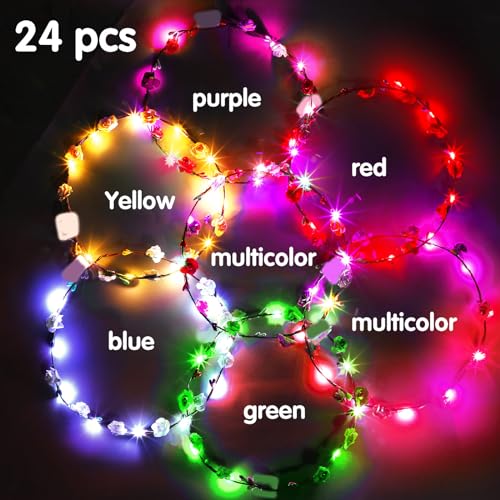 Honoson 48 Pack Glow in The Dark Party Supplies LED Glasses Light up Glasses LED Flower Crown Headband Multicolor Flower W...