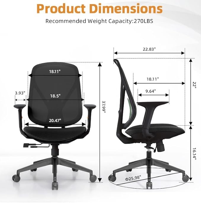 Ergonomic Home Office Chair – Breathable Mesh, Built-in Lumbar Support, Adjustable Arms & Smooth Wheels, Up to 270lbs (Black)