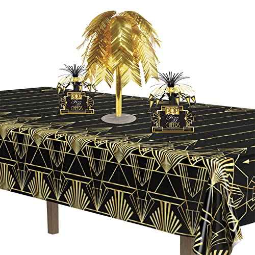 Beistle 2-Count Great 1920s Tablecover, Art Deco Decor & Table Decorations for Party, Hollywood Decor, Plastic Black & Gold Plastic Cover, 54" x 108"