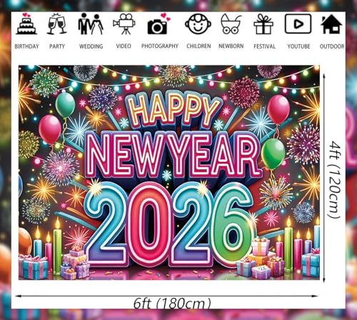 2026 Neon Happy New Year Backdrop Colorful Fireworks Balloons New Year's Eve Photography Background Cheers to 2026 Holiday...