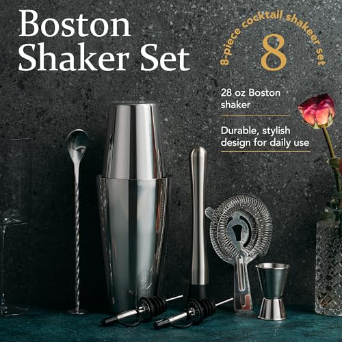 Boston Cocktail Shaker Set, 8-Piece Bartender Kit with 18oz & 28oz Shaker Strainer Muddler Jigger Mixing Spoon Pourers, Ba...