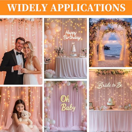Patioman 10x10ft Pink Tulle Backdrop Curtain with String Lights, Wrinkle-Free Sheer Wedding Backdrop for Birthday Parties,...