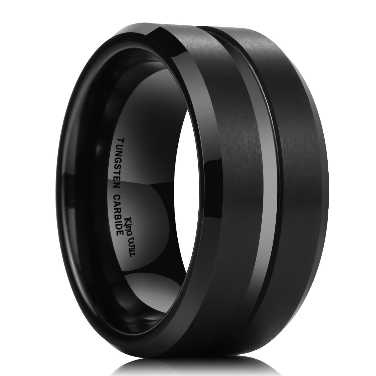 King Will Tungsten Carbide Wedding Band Ring for Men -10mm Men Rings in Black Grooved Center Wedding Band Suitable For Every Day