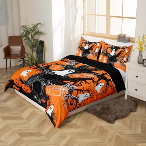 Ghost Spider Queen Duvet Cover,Halloween Pumpkin Lantern Bedding Set for Boys Girls Kids Happy Halloween Gothic Style Comforter Cover Halloween Decorations Bedspread Cover Trick or Treat Bedding