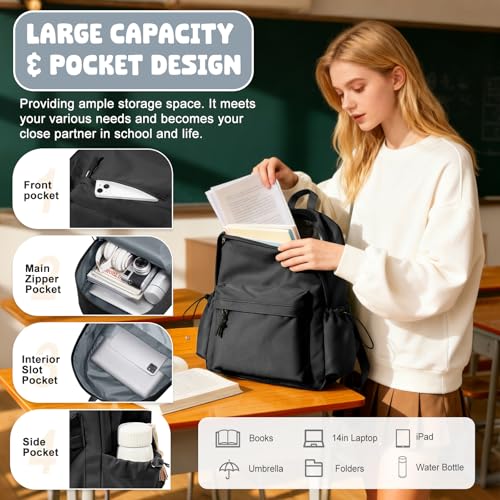 VECAVE School Backpack Black Waterproof Bookbag Casual Lightweight Travel Rucksack Daypack Backpacks for Men Women College...
