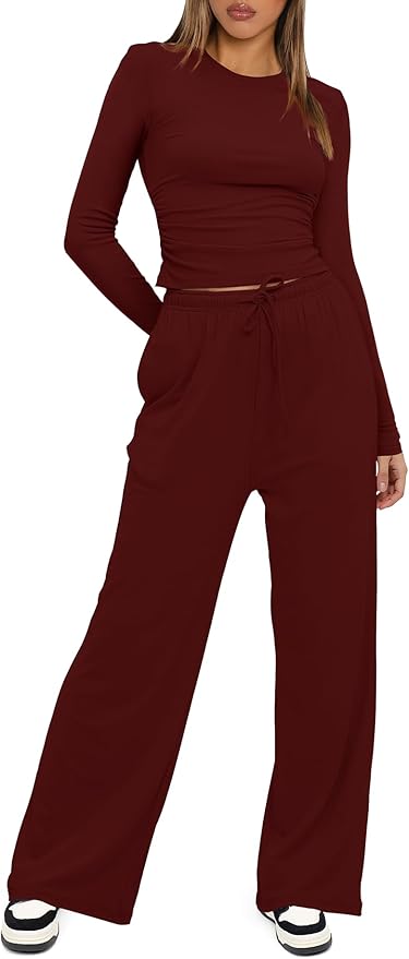 Darong Women's 2 Piece Outfits Lounge Sets 2026 Long Sleeve Tops Wide Leg Pants Casual Matching Set