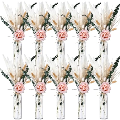 Qinyoung 10 Set Dried Pampas Grass Centerpiece for Wedding Baby Shower Party 10 Glass Flower Jars 10 Artificial Roses 80 D...