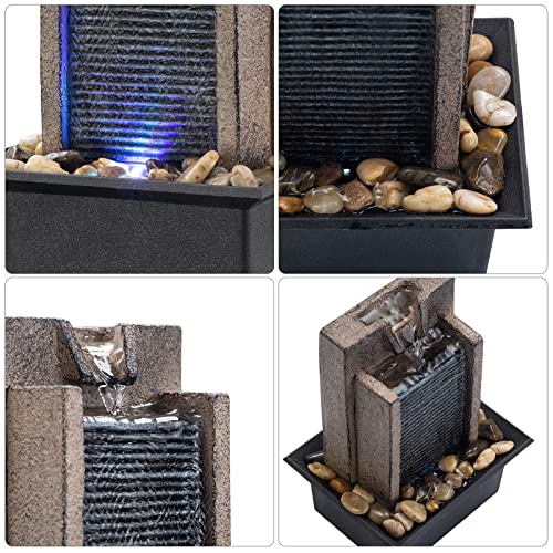 Amootek Tabletop Fountain Relaxing Tabletop Waterfall Fountain with Natural River Rocks & Color-Changing LED Lights - Indo...