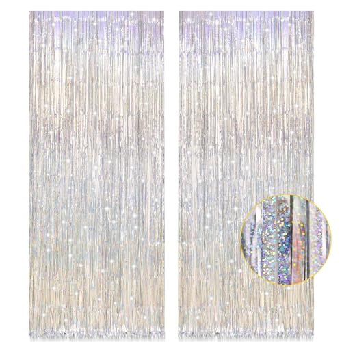 2 Pack 3.2ft x 8.2ft Silver Metallic Tinsel Foil Fringe Curtains, Door Streamer Photo Booth Backdrop for Birthday Graduati...