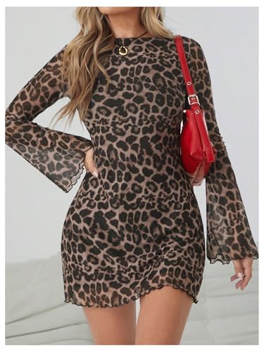 Milumia Women's Leopard Print Mini Dress Y2k Bell Long Sleeve Cheetah Short Dresses Going Out Party Clubbing Outfits