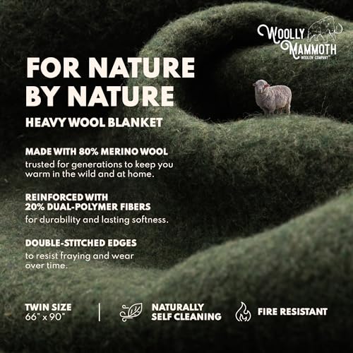 Woolly Mammoth Woolen Company Wool Blanket - 66 x 90 in, Moss, 80% Merino Wool - Camping Blankets for Cold Weather - Doubl...
