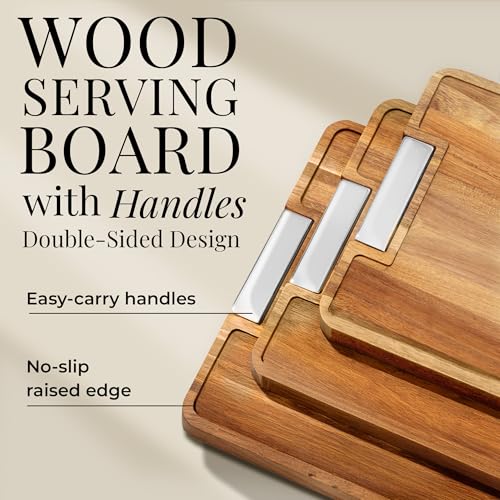 Acacia Wood Cutting Board Set with Holder – 4 Piece Wooden Cutting Board Set with Stand – Reversible Charcuterie Tray with...