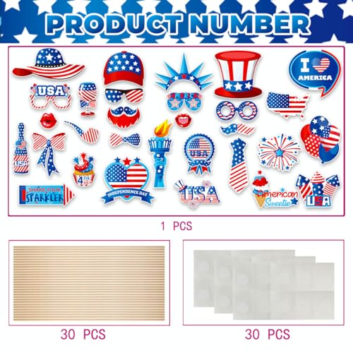 Independence Day Photo Booth Props with Sticks,4th of July Photo Booth Props,Patriotic Party Decorations (25CT)