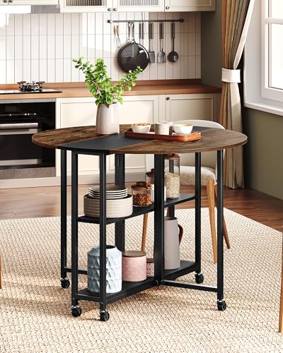 CHOEZON Folding Dining Table, Kitchen Table with 6 Wheels, Folding Round Table with 2-Layer Storage Shelf, Space Saving Di...