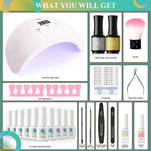 RSTYLE Gel Nail Polish Starter Kit with U V Light, 10 Colors Glitter Green Red Gold Yellow Gel Polish Kit with Base and Top Coat Manicure Tools for Home Nail Salon 5ML Tiny Bottle - Playful Life