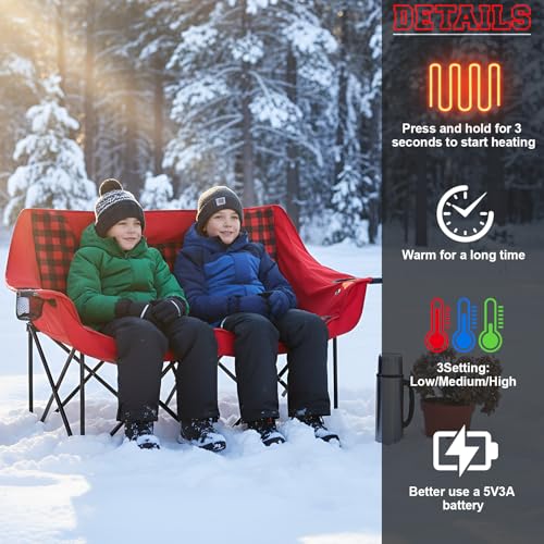 Padded Heated Double Camping Chair for Adults, 4 Heating Zones & 3 Heat Levels, Padded Loveseat Oversize Folding Chair Por...