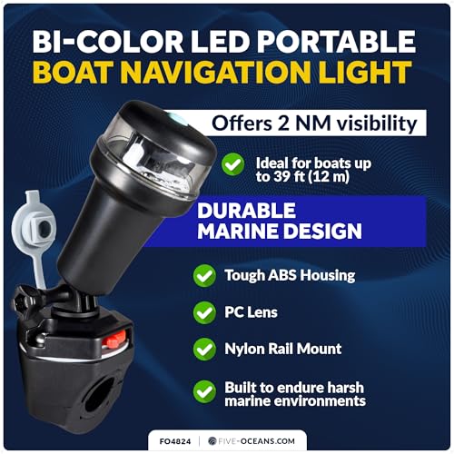 Five Oceans LED Portable Bi-Color Boat Navigation Light, Rail Mount Swivel Base, 2 NM Visibility, IP67 Waterproof, Batter...