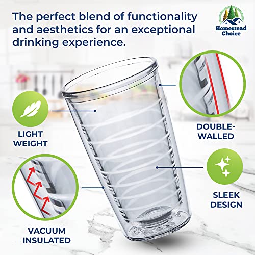 Homestead Choice 16oz Insulated Tumblers Plastic Keeps Drinks Cold & Hot, 4pack Double Walled Clear Insulated Drinking Gla...