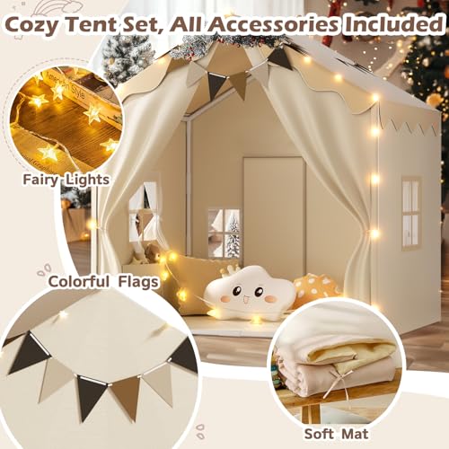EagleStone 2-in-1 Kids Tent,Large Play Tent with Padded Mat and Lights,Kids Playhouse with 2 Doors & 4 Windows,2 Large Sid...