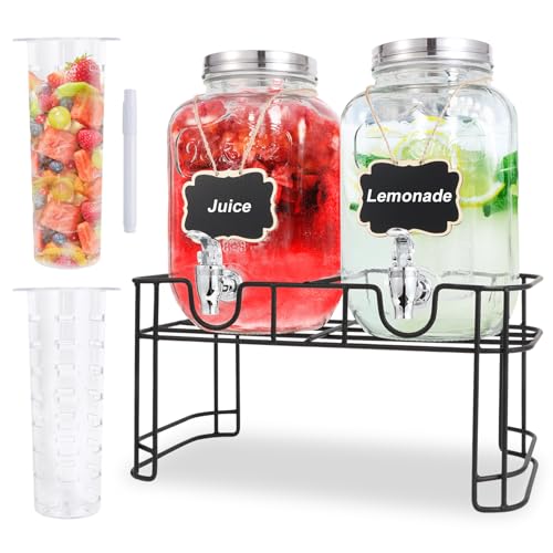 1 Gallon Glass Drink Dispensers For Parties-Set of 2,Drink Dispenser with Fruit Infuser & Stand,Juice or Beverage Dispense...