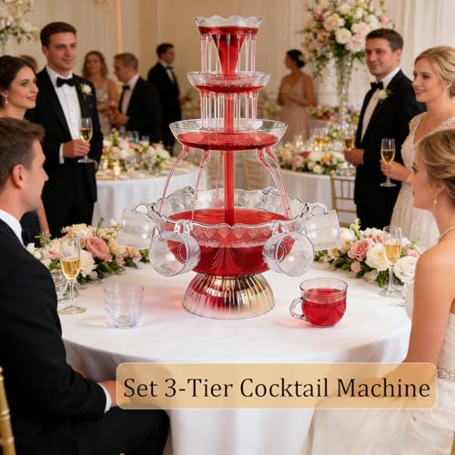 3-Tier Red Cocktail Fountain Drink Machine with LED Base and 5 Cups – Electric Drink Dispenser for Wine and Champagne at W...