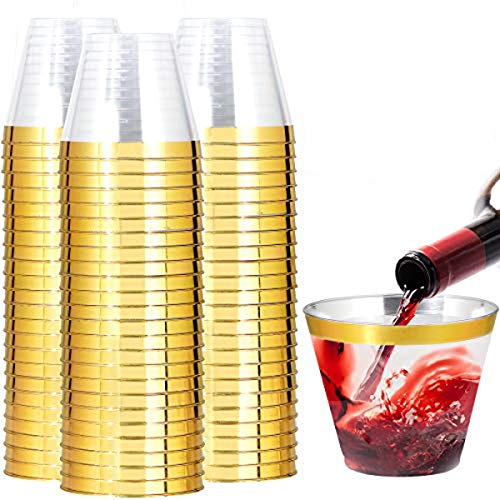 I00000 200 Pack Gold Plastic Cups, 9 Oz Elegant Clear Plastic Cups Gold Rimmed Disposable Wine Glasses Fancy Disposable Pa...