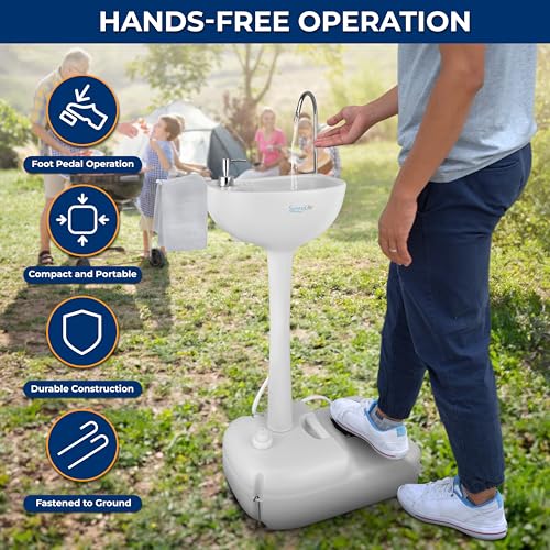 SereneLife Portable Camping Sink with 19L (5+ Gallon) Water Tank, Hands-Free Foot Pump, Soap Dispenser & Towel Holder, Com...