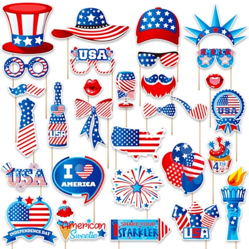 Independence Day Photo Booth Props with Sticks,4th of July Photo Booth Props,Patriotic Party Decorations (25CT)