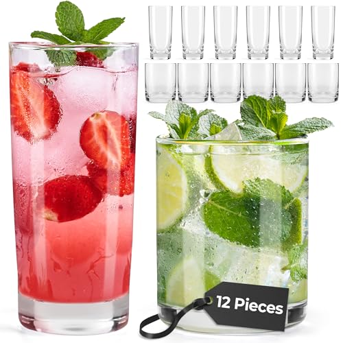 MIAMIO - Drinking Glasses Set of 12/6 x Small 13 oz and 6x Big 15.8 oz Glass Cups for Water, Cocktails, Tea and Beer - Dis...