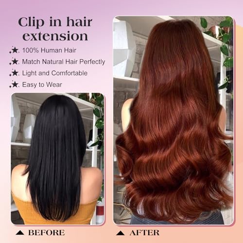 Royaomis Clip in Hair Extensions Real Human Hair, 16inch 120g 7pcs Human Hair Clip in Extensions for Women, Remy Red Hair Extensions Clip Ins, Soft & Natural Human Hair Extensions£¨16-#M30_33£©