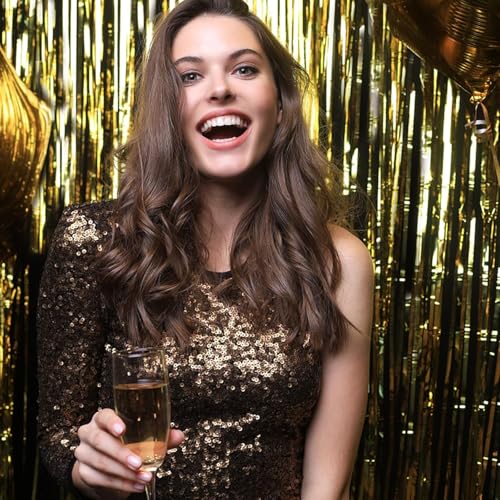 2 Pack Gold Backdrop Birthday Decorations Foil Curtain Backdrop Gold Streamers Dance Party Decorations Photo Booth Props f...