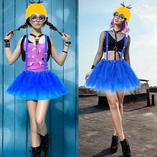 Halloween Costume Adult Accessories, 6 Pcs Yellow Beanie Hats with Gloves Steampunk Goggles Glasses Skirt Suspender Socks for Adults Halloween Dress up for Men Women Girls Boys Party Cosplay Set