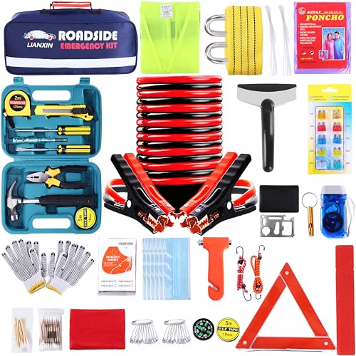 LIANXIN Roadside Assistance Emergency Kit - Car Emergency Kit with Jumper Cables (Upgraded) Emergency Roadside Kit for Car...