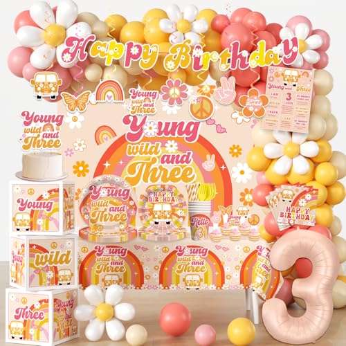 263pcs Young Wild and Three Party Decorations, Boho Groovy Daisy 3rd Birthday Decorations for Girls with Balloon Arch Tabl...
