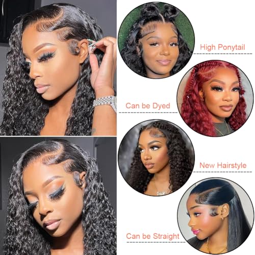 24 Inch Deep Wave Lace Front Wigs Human Hair 13x6 HD Lace Front Wigs for Women Natural Color Deep Curly Human Hair Wig 180% Density Transparent Lace Frontal Wig Pre Plucked