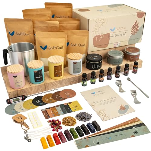 SoftOwl Premium Soy Candle Making Kit - Full Set - Soy Wax, Big 7oz Jars & Tins, 7 Pleasant Scents, Color Dyes & More - Pe...
