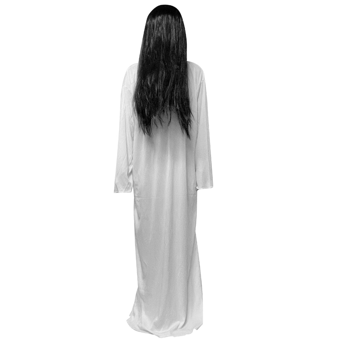 DECEED 2 PCS Halloween Ghost Costume for Adult, White Robe Black Wig Set, The Ring Samara Cosplay Costume Dress Up Party Outfit (L)