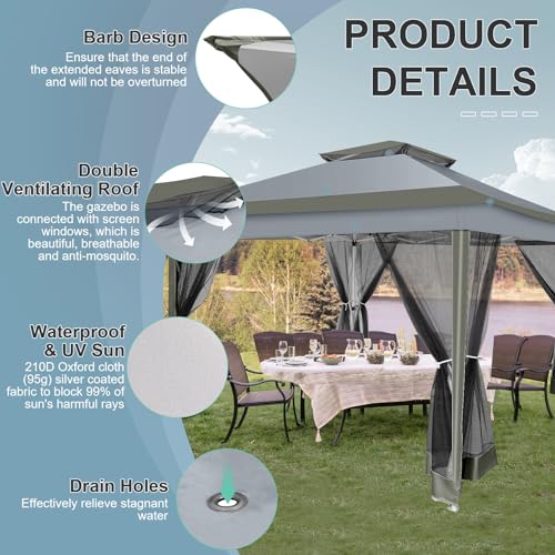 COBIZI 12x12 Pop up Gazebo on Clearance Outdoor pop up Canopy Tent with Mosquito Netting & Sandbags, with 4 Ropes 8 Stakes...