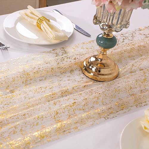 Snowkingdom 10 Ft Gold Table Runner, Sheer Gauze Chiffon Tulle Cheesecloth Sequin Glitter Metallic Foil, Table Decorations...