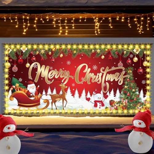 YLOLUL Led Christmas Garage Door Cover 6 x 13 ft Large Hanging Backdrop Door Banner with Light Merry Christmas Garage Wall...