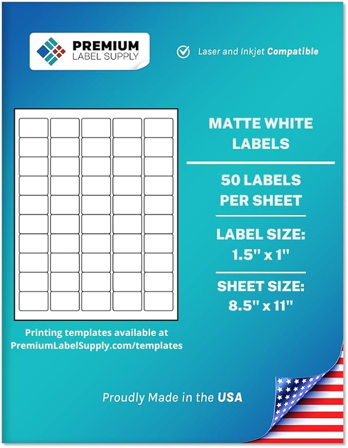 Premium Label Supply White Sticker Barcode Labels – 1.5" x 1" – Laser/Inkjet Compatible – (50 per Sheet), 1000 Sheets – 50,000 Total Adhesive Labels