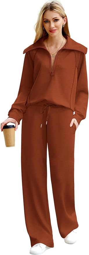 XIEERDUO Lounge Sets For Women 2025 Half Zip Sweatshirt And Wide Leg Sweatpant 2 Piece Outfits Sweatsuit Tracksuit