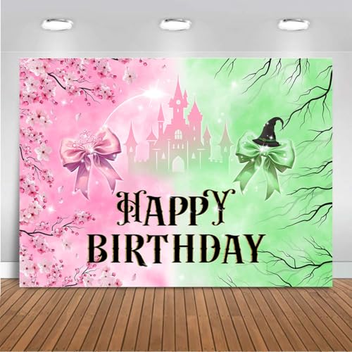 Mocsicka Pink and Green Birthday Backdrop Decorations Witch Happy Birthday Banner Supplies for Princess Girls Women Castle...