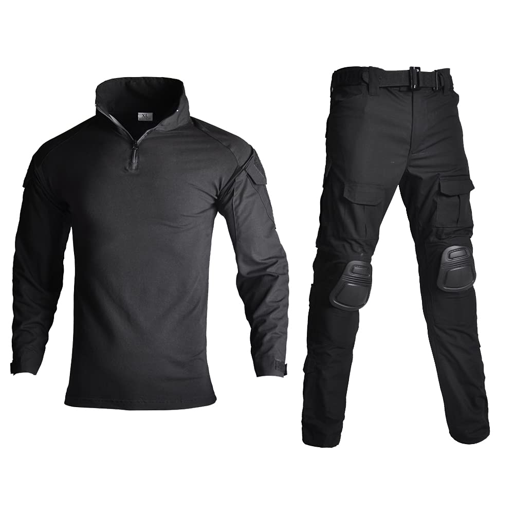 Lilychan Mens Tactical Military Suits Long Sleeve Rip-Stop Uniforms Combat Shirt and Pants Elbow Knee Pads (Black, XX-Small)-1