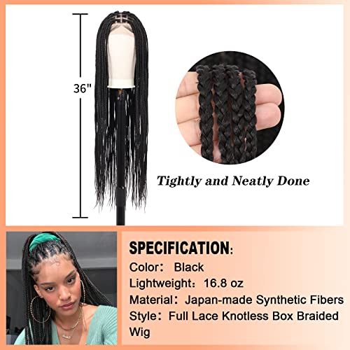 360¡Æ HD Full Lace Knotless Braided Wigs for Women Box Braid Wig with Baby Hair Braided Lace Front Wigs Premium Synthetic Braid Wig Long Black 36"