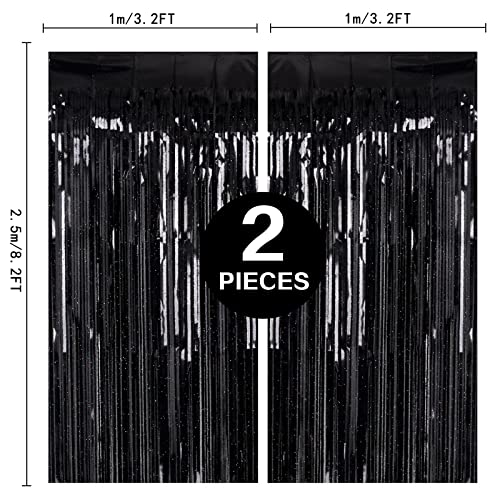 2 Pack 3.2ft x 8.2ft Black Tinsel Foil Fringe Curtain, Sparkle Metallic Foil Backdrop for Party Photo Booth Props New Year...