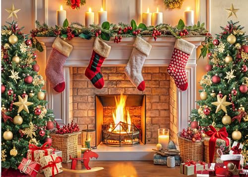 Dudaacvt 8x6ft Christmas Photography Backdrops Christmas Fireplace Decoration Background Family Party Banner Photo Booth P...