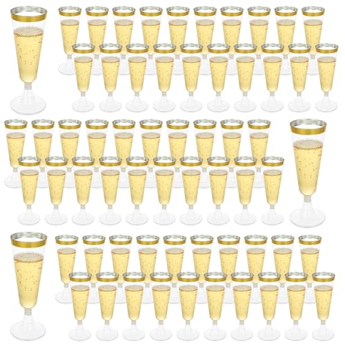 FVIEXE 100 Pack Plastic Champagne Flutes, 5 Oz Disposable Champagne Glasses Gold Rim Wine Flute Glasses, Clear Plastic Toa...