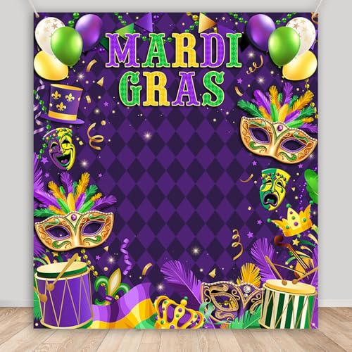 AIBIIN Mardi Gras Backdrop Mardi Gras Decorations Photo Booth Props Carnival Masquerade Mask Banner Purple Glitter Beads M...