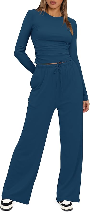 Darong Women's 2 Piece Outfits Lounge Sets 2026 Long Sleeve Tops Wide Leg Pants Casual Matching Set